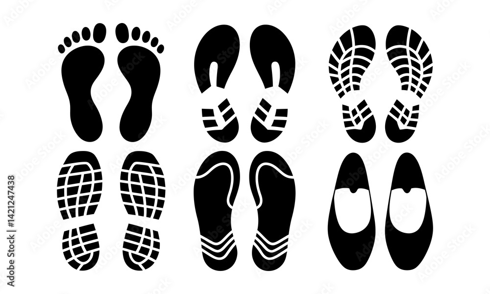 Vector Footprint Icons Collection – Human, Shoe, Boot, and Sole Print Silhouettes Set Vector Footprint Icons Collection – Human, Shoe, Boot, and Sole Print Silhouettes Set
