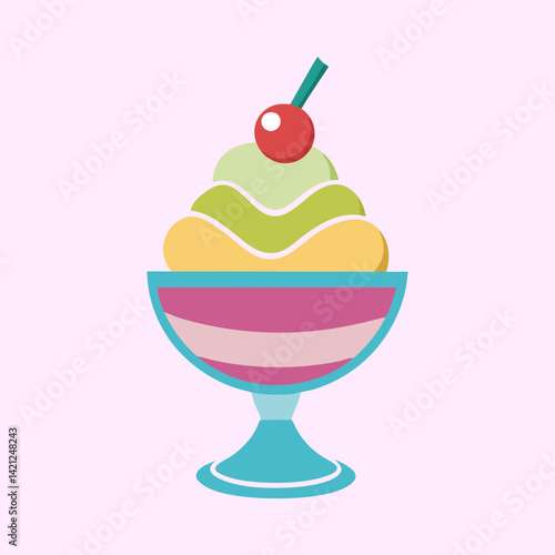 Illustration of colorful ice cream sundae with cherry on top, a treat