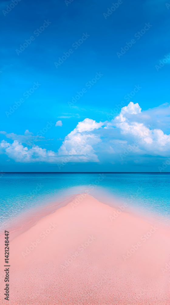 Pink Sand Beach Path Leading to Turquoise Ocean Under Blue Sky with Clouds Pink Sand Beach Path Leading to Turquoise Ocean Under Blue Sky with Clouds