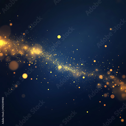 Abstract glowing golden particles in dark space, magical light effect background
