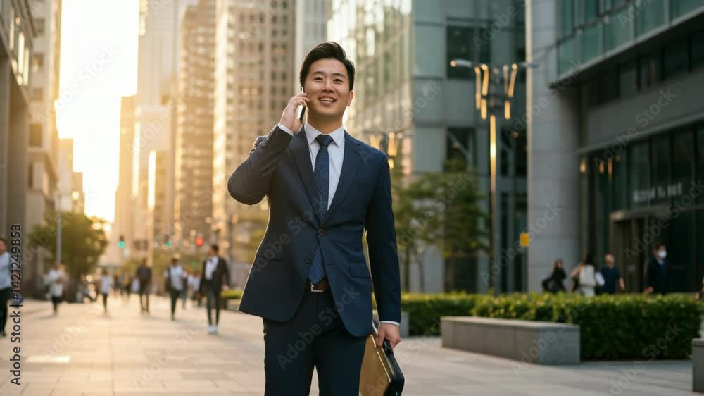 Businessman walking and talking on phone in vibrant urban environment at sunset Businessman walking and talking on phone in vibrant urban environment at sunset