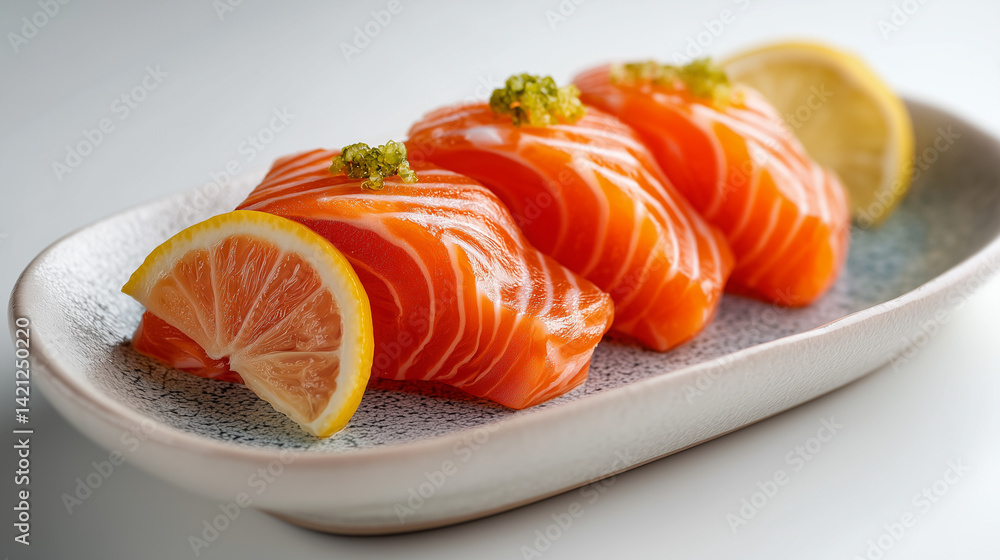 Fresh salmon sashimi served with lemon slices on a decorative plate during a culinary experience Fresh salmon sashimi served with lemon slices on a decorative plate during a culinary experience