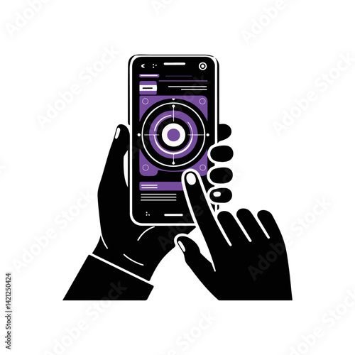 Hand holding devices including a camera and smartphone in a digital technology icon style