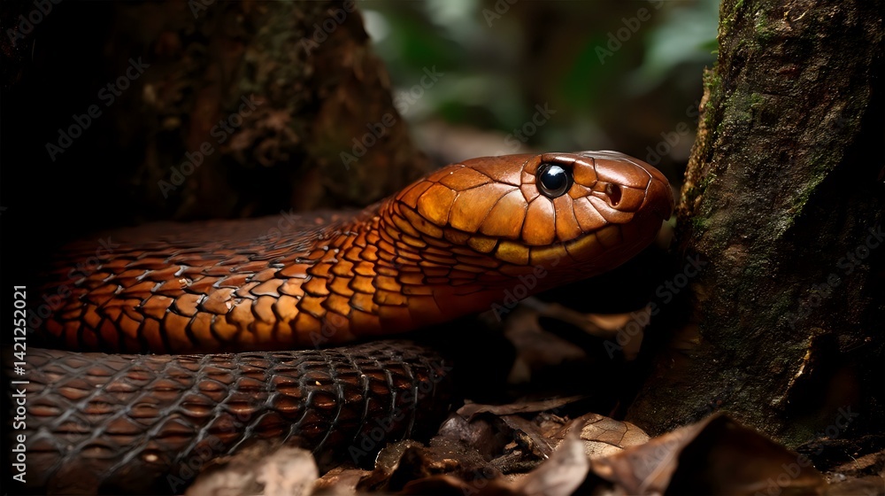 Fototapeta premium Brownish-red Egyptian cobra resting under forest canopy with visible hood texture and vibrant natural tones