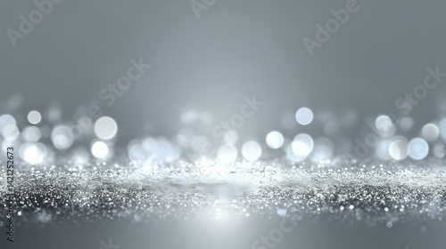 Cool gray background with subtle shimmering lights and defocused bokeh glow in silver tone, clean sparkle style