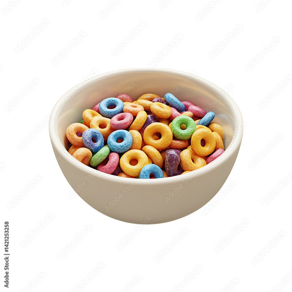 A beige bowl filled with round oat ring cereal pieces shown in a minimal clean 3D style isolated on a white transparent background with high clarity and detail