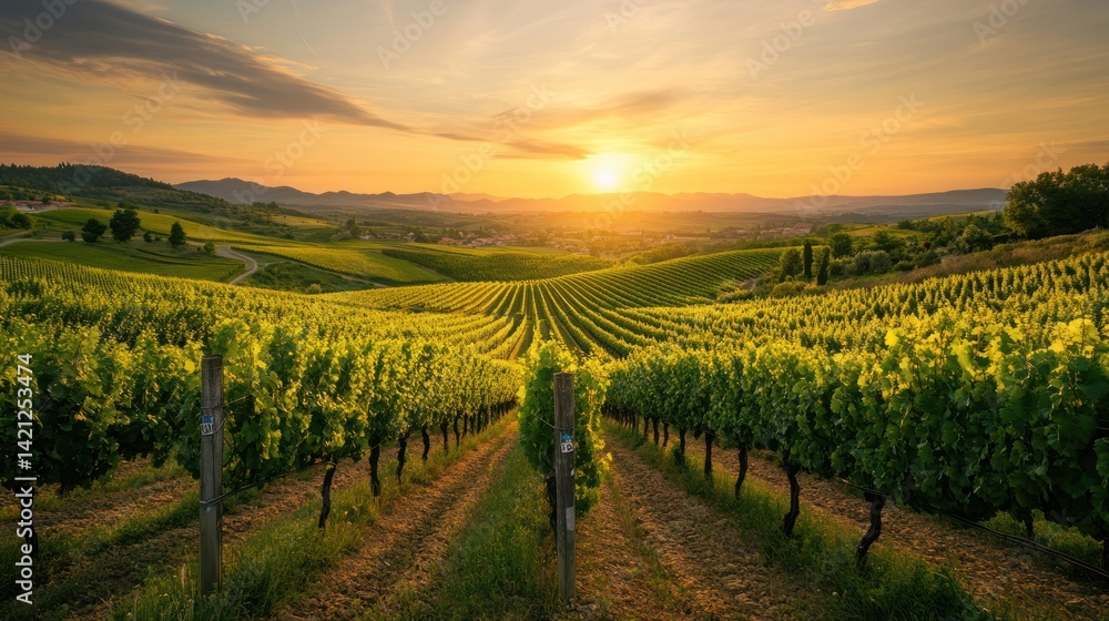 custom made wallpaper toronto digitalGolden Hour Vineyard: A Serene Sunset over Rolling Hills of Grapes