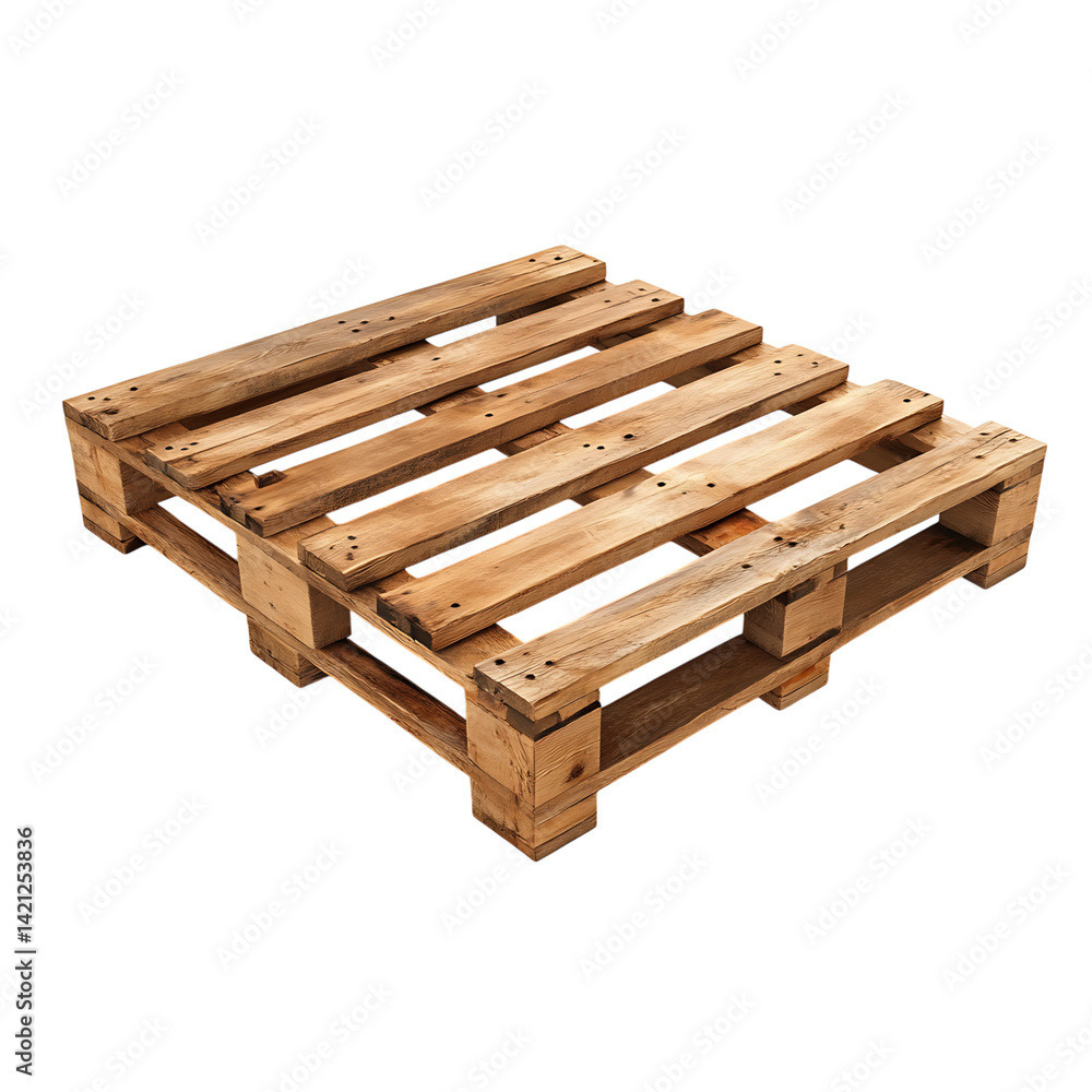 A standard wooden pallet used for logistics and shipping composed of planks and blocks displayed in angled perspective against a white transparent background