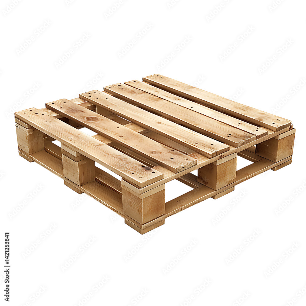 A standard wooden pallet used for logistics and shipping composed of planks and blocks displayed in angled perspective against a white transparent background