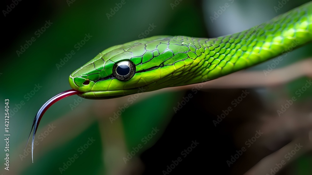 Obraz premium Focused view of vine snake in strike pose with tongue out, soft jungle background blur and scale precision