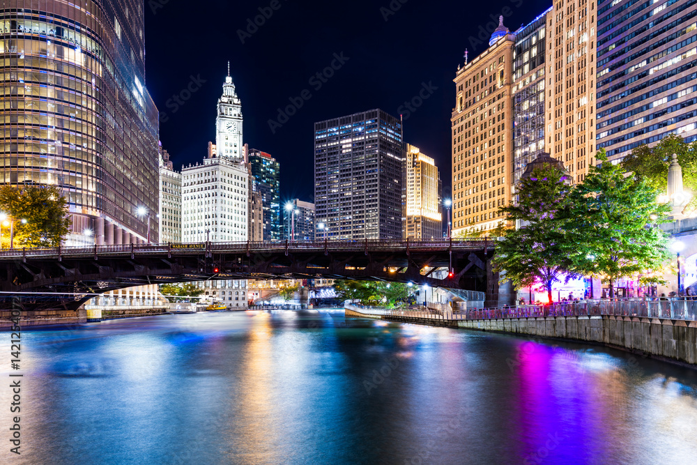 Long exposure of Chicago, Illinois skyline and the Wabash Avenue bridge, by night. Chicago is the most populous city in the U.S. state of Illinois and in the Midwestern United States.