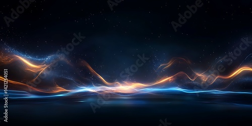 a dark blue background with orange and yellow lights