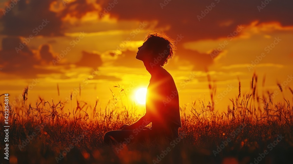 serene silhouette of a meditating person amidst a radiant sunset landscape evoking tranquility and spiritual harmony with nature's golden embrace serene silhouette of a meditating person amidst a radiant sunset landscape evoking tranquility and spiritual harmony with nature's golden embrace