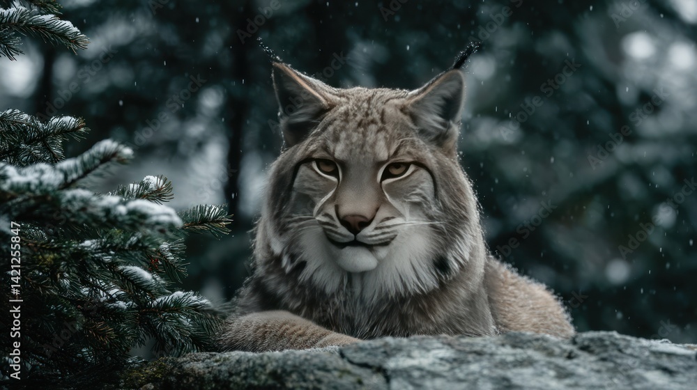 Fototapeta premium Majestic lynx rests amongst snowy forest foliage.