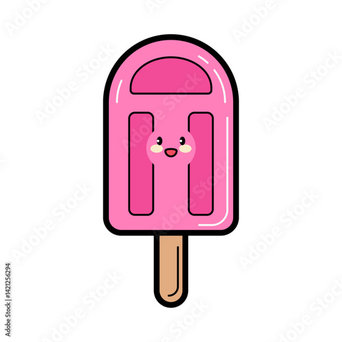 pink ice cream bar with kawaii face icon vector - popsicle flat cartoon style