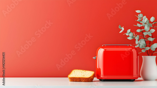 Red Toaster and Bread on White Countertop Against Red Wall