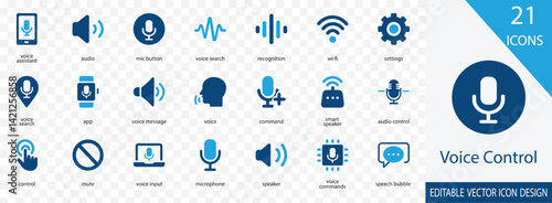 voice control filled icon design set. containing  mute, voice input, microphone, speaker, voice commands and more vector icon design
