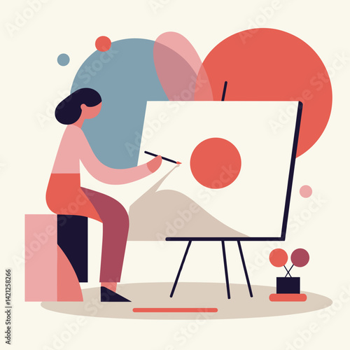 Woman Painting on a Canvas, Creating Art with Abstract Shapes  