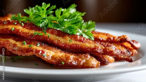 Crispy and golden brown strips of fried bacon, sizzling with savory aroma, are perfectly isolated on a white plate