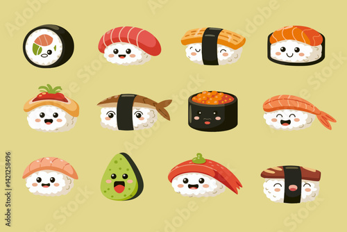 Cute cartoon sushi collection featuring various nigiri, maki, and gunkan with adorable faces. Japanese food icons.Print