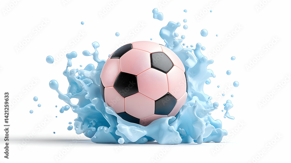 Fototapeta premium Pink Soccer Ball Splashing in Blue Liquid
