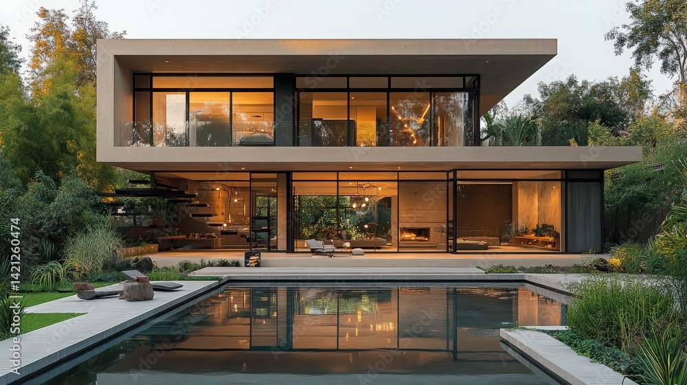 Sophisticated architectural residence seamlessly blending with tranquil outdoor space Sophisticated architectural residence seamlessly blending with tranquil outdoor space