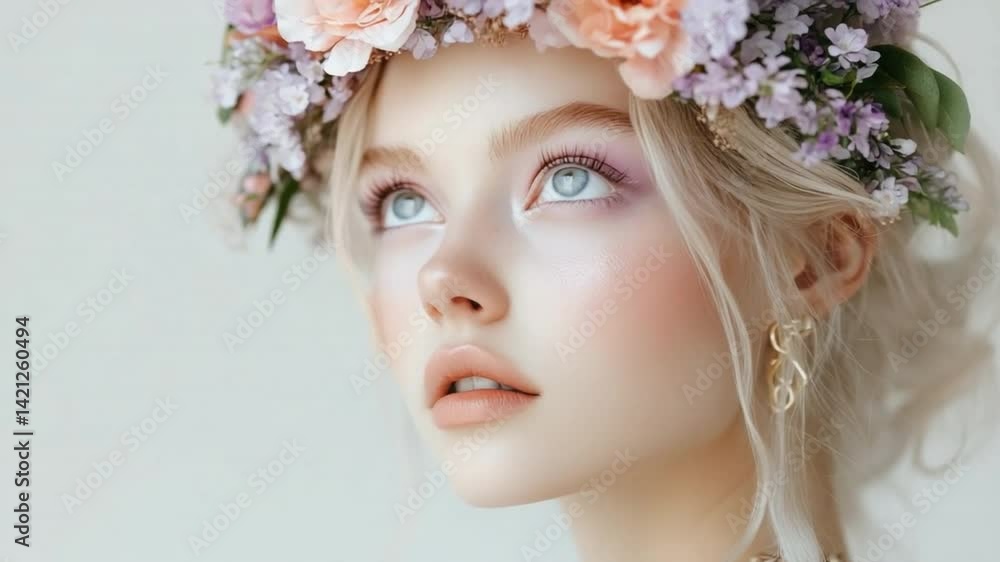 Enchanting floral muse: A ethereal portrait of a person adorned with a delicate flower crown, gazing upwards, emanating an aura of beauty and tranquility. Enchanting floral muse: A ethereal portrait of a person adorned with a delicate flower crown, gazing upwards, emanating an aura of beauty and tranquility.