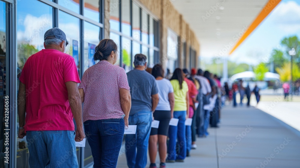 People waiting in line outside a store, following signs to keep a safe distance from each other. People waiting in line outside a store, following signs to keep a safe distance from each other.