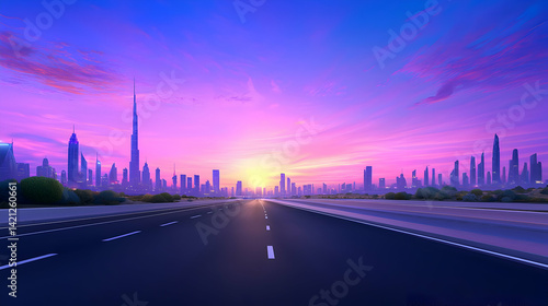 Purple Sunset Over Modern City Highway
