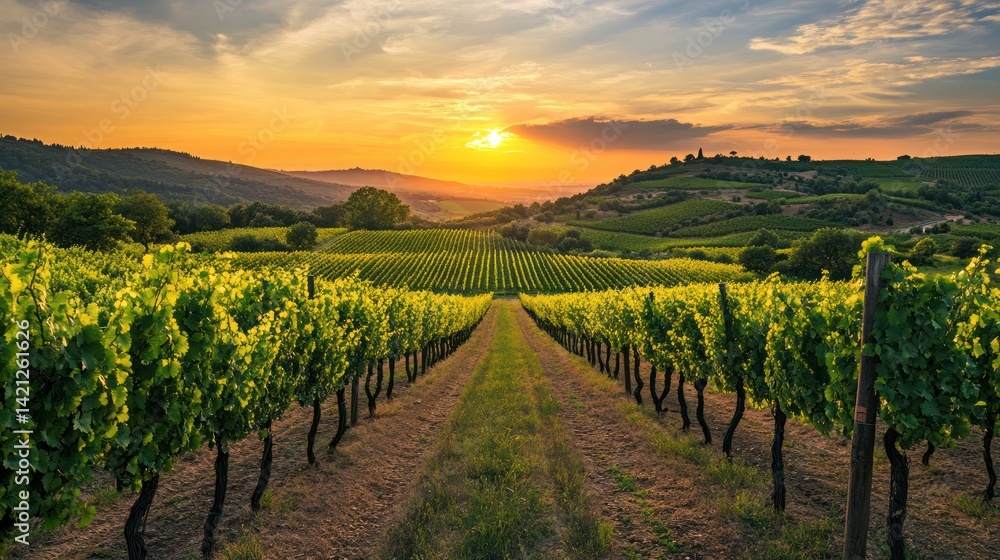 Fototapeta premium Golden Hour Vineyard: Tuscany Sunset