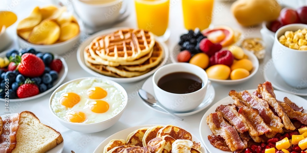 Vibrant and Delicious Breakfast Spread. Waffles, Fruits, Bacon, and Coffee, Top View. Vibrant and Delicious Breakfast Spread. Waffles, Fruits, Bacon, and Coffee, Top View.