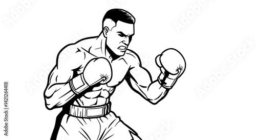 Boxer intense fighting stance against plain white background.
