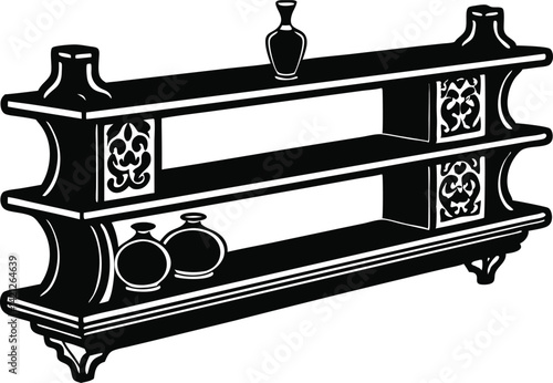 Black and White Silhouette of a Beautiful Kitchen Item Shelf Vector Illustration