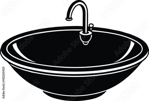 Black and White Silhouette of a Beautiful Kitchen Item Sink Vector Illustration