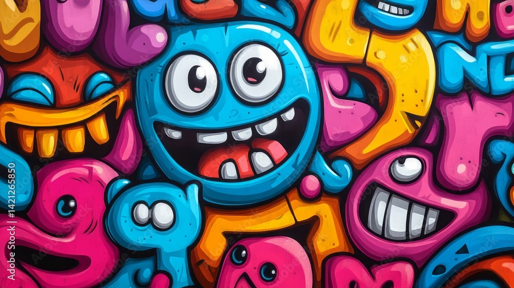 Obraz premium Cartoonish graffiti artwork featuring colorful smiling characters and abstract shapes