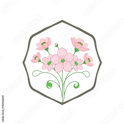 Geometric floral logo Pink and green blooming flowers and curved stems within a frame. Clean lines, symmetrical design. Isolated on white background, minimal and elegant