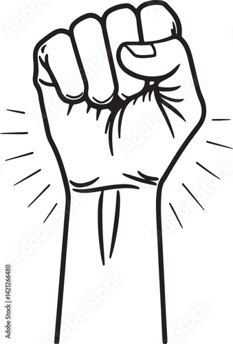 Powerful fist raised in protest, symbolizing revolution.