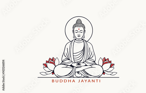 Minimalist Illustration of Buddha Meditation with Lotus Flowers for Buddha Purnima