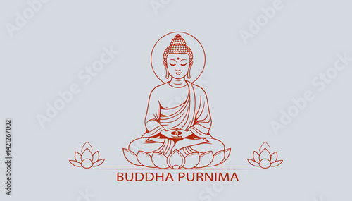 Minimalist Illustration of Buddha Meditation with Lotus Flowers for Buddha Purnima
