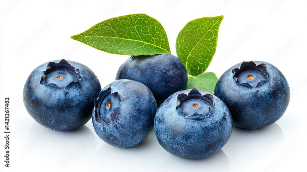 Obraz premium A close up shot of five blueberries with green leaves on a white background in a studio setting