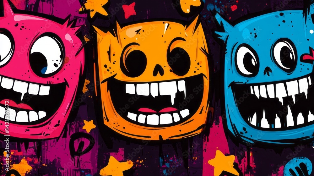 Obraz premium Cartoon monsters with big grins dominate the vibrant canvas