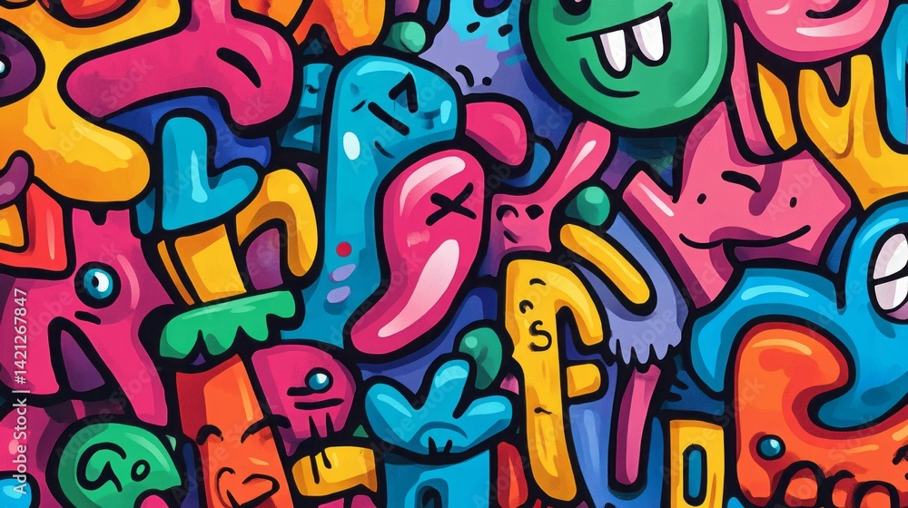 Abstract doodle art showcasing vibrant characters and playful shapes Abstract doodle art showcasing vibrant characters and playful shapes