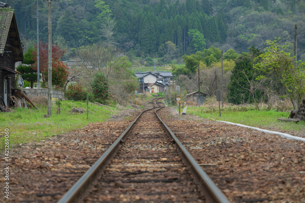 Fototapeta premium 日本の岡山県新見市の岩山駅の美しい春の風景
