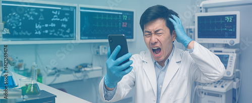 A professional male doctor in a white coat and blue gloves, with a focused expression, is diagnosing a patient using a smartphone in a state-of-the-art cardiology room.