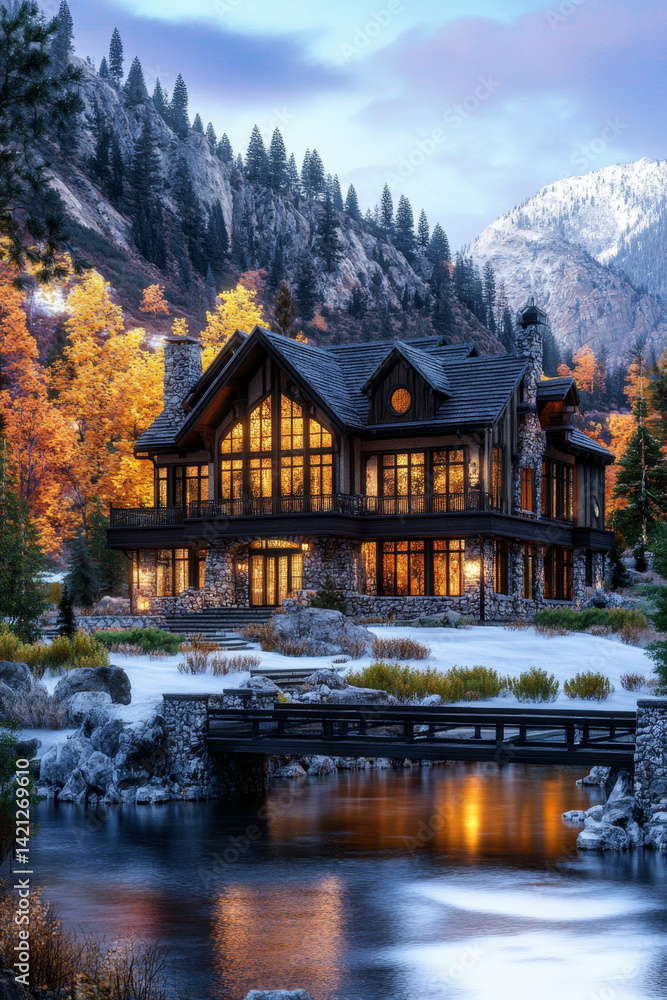 Fototapeta premium A dream house in a lakeside setting, surrounded by lush natural scenery.