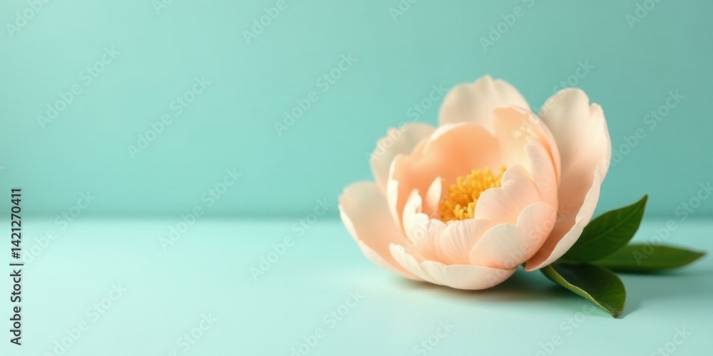 A single, delicate peach-colored blossom rests gently on a serene, light-aqua surface, its petals softly unfolding in a tranquil scene. A single, delicate peach-colored blossom rests gently on a serene, light-aqua surface, its petals softly unfolding in a tranquil scene.