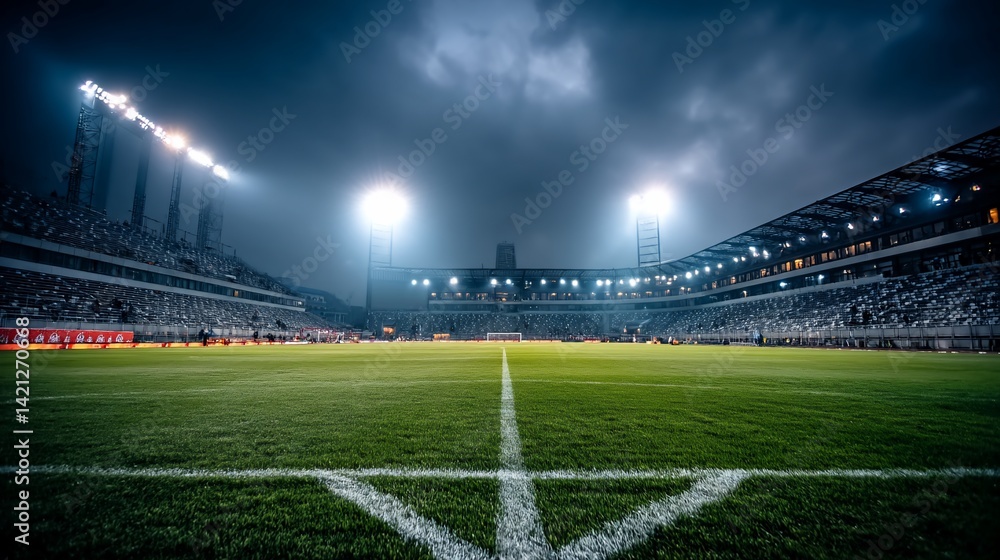 Night game at a soccer stadium with bright lights and empty stands Night game at a soccer stadium with bright lights and empty stands