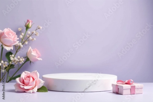 Wallpaper Mural Elegant Presentation Pink Roses, Marble Display, and Gift Box on Lavender Background Torontodigital.ca