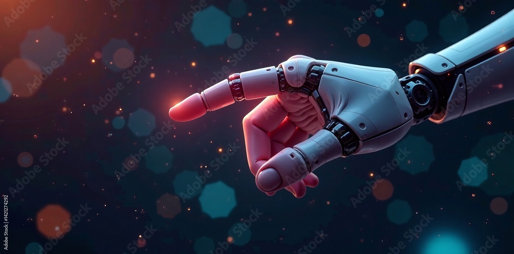 Naklejka premium A robotic hand reaching out with a glowing fingertip in a futuristic setting.