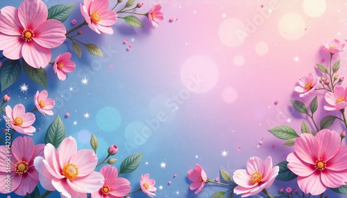 A vibrant floral background with pink flowers and soft gradient hues.